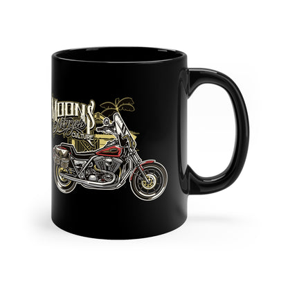 MOONSMC Red Rider FXR 11oz Black Mug: black mug showing the motorcycle and palm-tree graphic, handle on the right.
