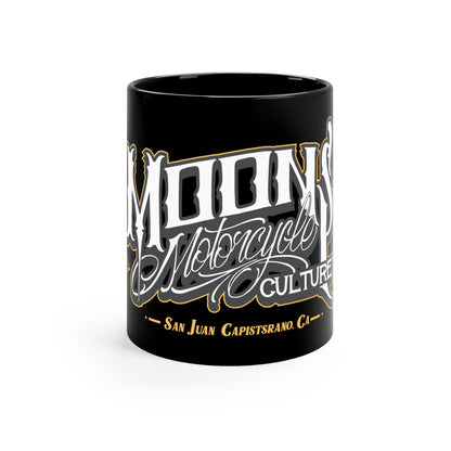 MOONSMC San Juan Capistrano Logo 11oz Black Mug: front view of the black mug showing the large logo.