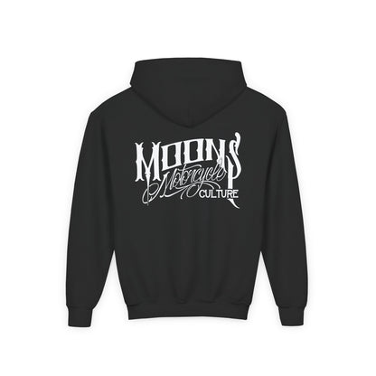 MOONSMC OG Logo Kids Hoodie: black kids hoodie showing the large white back logo.