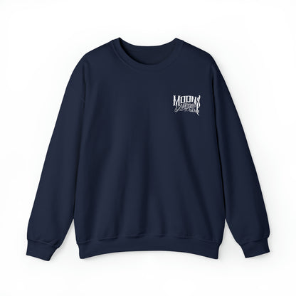 MOONSMC OG Logo Heavy Blend Crewneck Sweatshirt: front of the navy sweatshirt with a small chest logo.