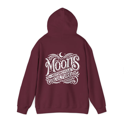 MOONSMC "The Saloon" Hooded Sweatshirt: burgundy hoodie showing the large back logo with the hood raised.