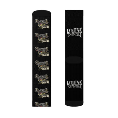 MOONSMC Red Rider FXR Sublimation Socks: two flat views of black socks showing the motorcycle pattern and logo lettering.