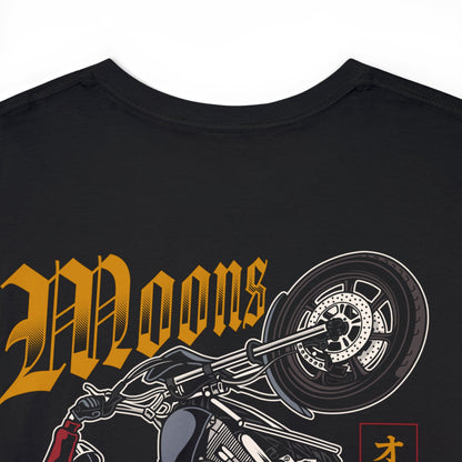 MOONSMC Dyna Wheelie Heavy Cotton T-Shirt: close-up of the motorcycle wheelie back graphic on black fabric.