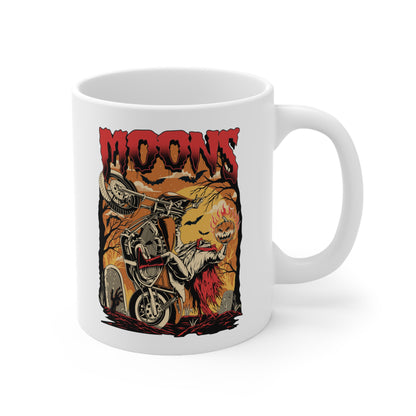 MOONSMC FXR Headless Horsemen Graveyard Wheelie Ceramic Mug 11oz Red: white mug showing the headless rider artwork, handle on the right.