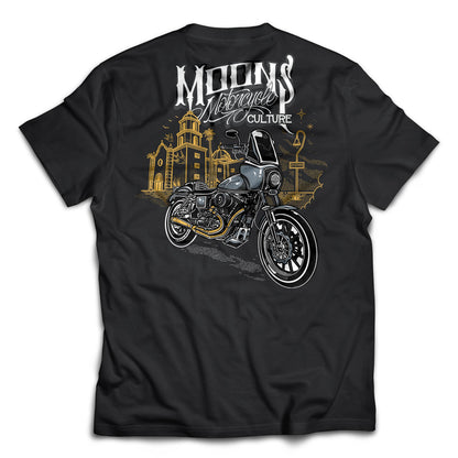 MOONSMC San Juan Capistrano T-Sport Heavy Cotton T-Shirt: black tee showing the large motorcycle and mission back graphic.