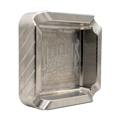 MOONSMC "The Diplomat" Cigar Ashtray: angled upright view in silver.