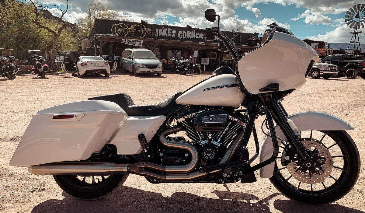 White Harley-Davidson touring motorcycle outside Jake’s Corner