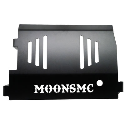 Front view of the MOONSMC touring front lower skid plate with vent slots and cutout lettering.