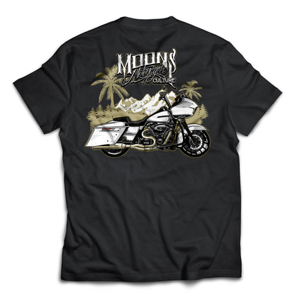 Black MOONSMC Road Glide Special T-shirt laid flat, showing the motorcycle and palm-tree graphic.