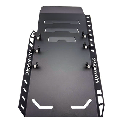 Inside view of the MOONSMC touring full lower skid plate showing its mounting brackets.