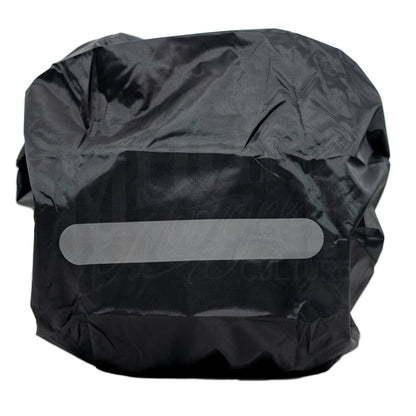 Black rain cover fitted over a MOONSMC UrbanOps handlebar bag, with a reflective strip across the front.