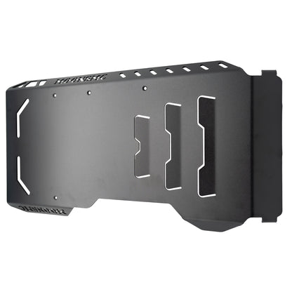 Top view of the black MOONSMC Softail M8 full lower skid plate with vent slots and mounting tabs.