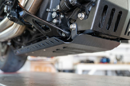 Front underside view of the installed MOONSMC Softail M8 full lower skid plate.