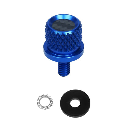Blue MOONSMC knurled seat bolt with a carbon-fiber top insert, washer and retaining ring.