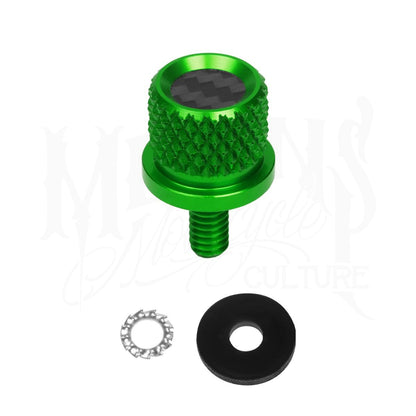 Green MOONSMC knurled seat bolt with a carbon-fiber top insert, washer and retaining ring.