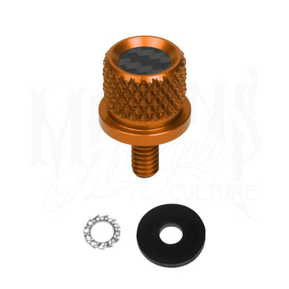 Orange MOONSMC knurled seat bolt with a carbon-fiber top insert, washer and retaining ring.
