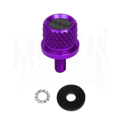 Purple MOONSMC knurled seat bolt with a carbon-fiber top insert, washer and retaining ring.