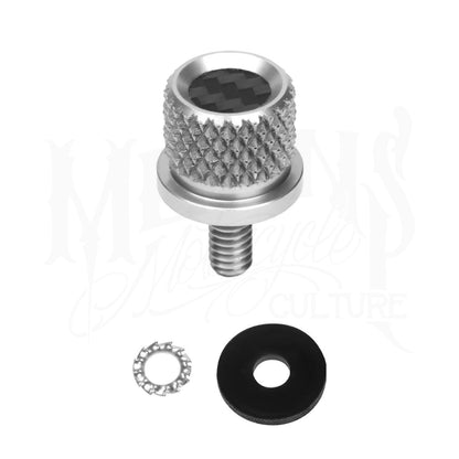 Silver MOONSMC knurled seat bolt with a carbon-fiber top insert, washer and retaining ring.