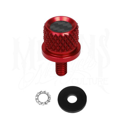 Red MOONSMC knurled seat bolt with a carbon-fiber top insert, washer and retaining ring.