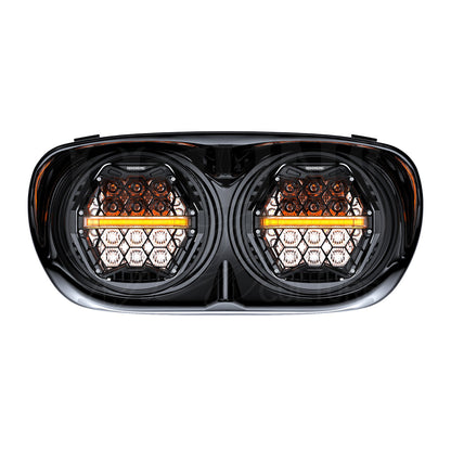 Front view of the Road Glide Dual HexBeam Pro headlight with its lower white LEDs illuminated.
