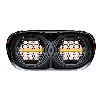 Front view of the Road Glide Dual HexBeam Pro headlight with upper and lower white LEDs illuminated.