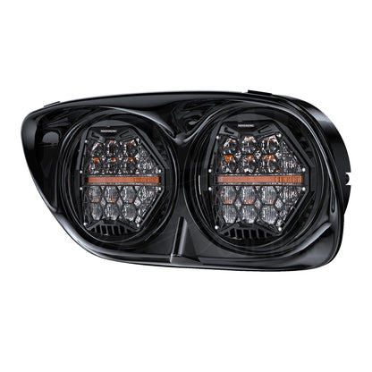 Angled view of the MOONSMC Road Glide Dual HexBeam Pro headlight with clear lenses and amber center strips.