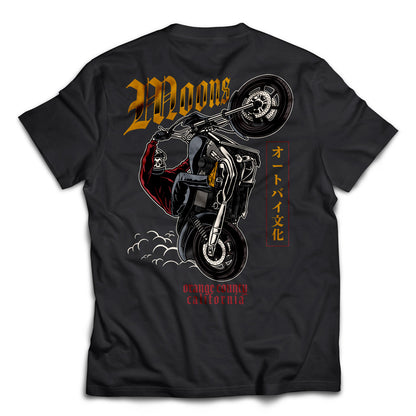 MOONSMC Dyna Wheelie Heavy Cotton T-Shirt: black tee showing the large motorcycle wheelie back graphic.