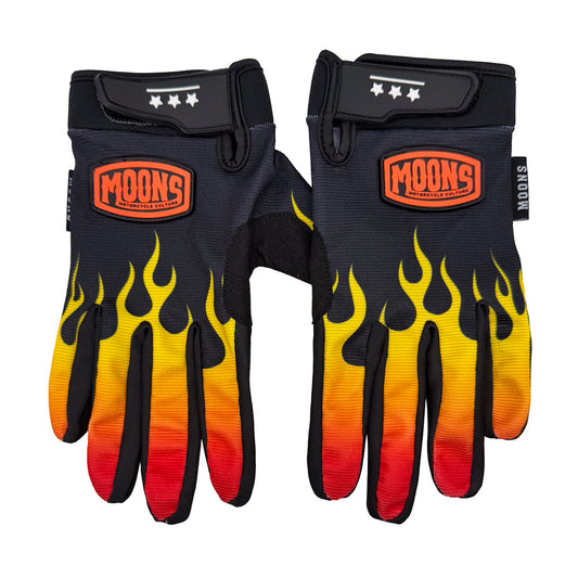 MOONSMC Torch Riding Gloves: pair of black riding gloves with yellow and red flames and orange logo patches.