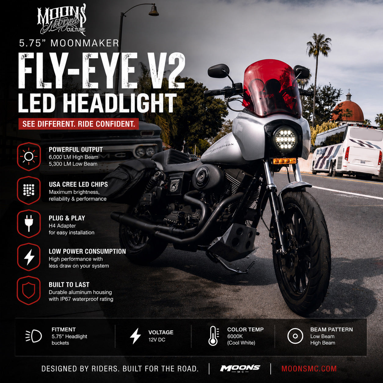 5.75 MOONSMC® Moonmaker Fly Eye® V2 LED ヘッドライト ハーレー用