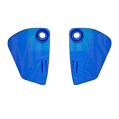 Pair of blue MOONSMC Softail FXLRST fairing air deflectors with circular mounting openings.