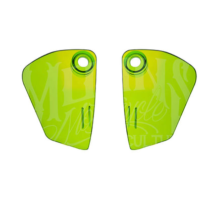 Pair of lime green MOONSMC Softail FXLRST fairing air deflectors with circular mounting openings.