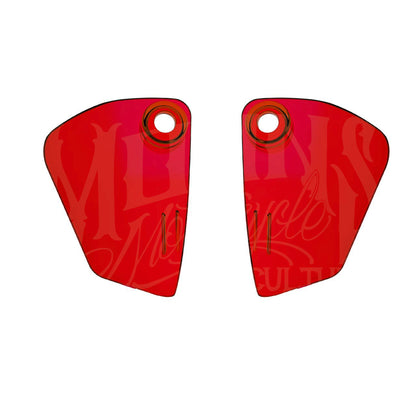 Pair of red MOONSMC Softail FXLRST fairing air deflectors with circular mounting openings.