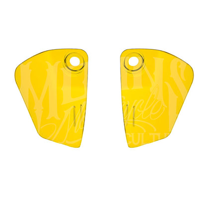 Pair of yellow MOONSMC Softail FXLRST fairing air deflectors with circular mounting openings.