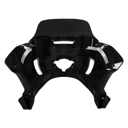 Rear view of the black MOONSMC FXLRST-style fairing showing its vents and headlight opening.