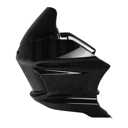 Side profile of the black MOONSMC FXLRST-style fairing and tinted windshield.