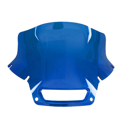 Front view of the blue MOONSMC 8.5-inch recurve windshield for the Softail FXLRST.