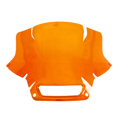 Front view of the orange MOONSMC 8.5-inch recurve windshield for the Softail FXLRST.