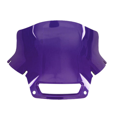 Front view of the purple MOONSMC 8.5-inch recurve windshield for the Softail FXLRST.