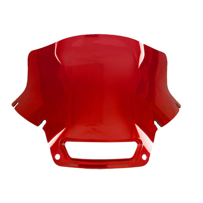 Front view of the red MOONSMC 8.5-inch recurve windshield for the Softail FXLRST.