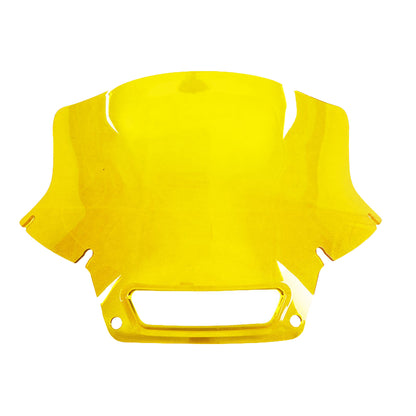 Front view of the yellow MOONSMC 8.5-inch recurve windshield for the Softail FXLRST.