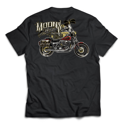 MOONSMC "Red Rider" FXR Heavy Cotton T-shirt: black shirt laid flat showing the large motorcycle graphic.