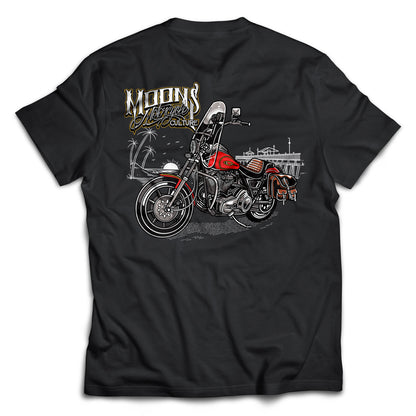 MOONSMC "San Clemente Pier" FXR T-Shirt: black shirt laid flat showing the large motorcycle and pier graphic.