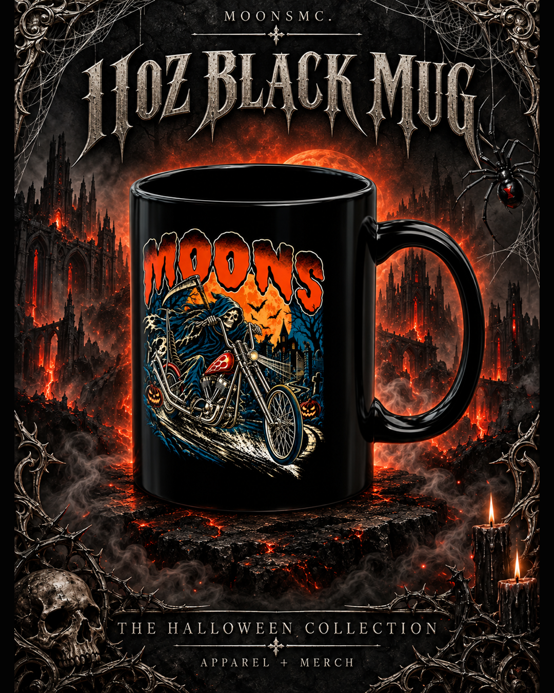 MOONSMC black 11oz ceramic mug with Midnight Reaper artwork in a gothic Halloween setting with cathedrals, candlelight and cobwebs
