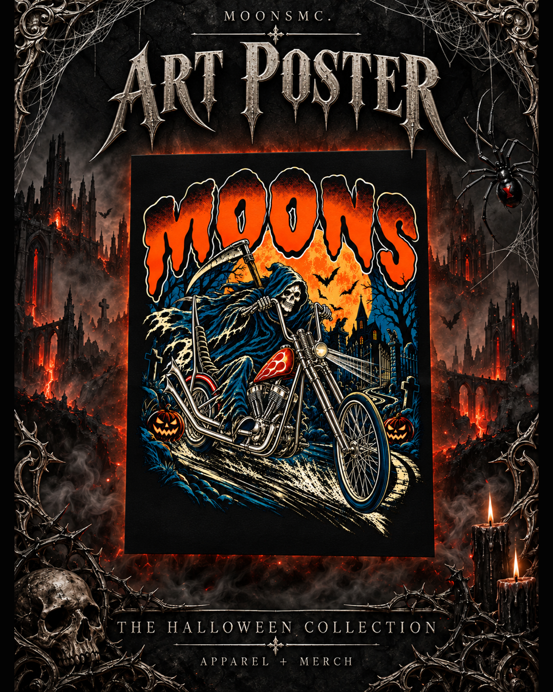 MOONSMC Midnight Reaper art poster with reaper and chopper illustration in a gothic Halloween setting with cathedrals, candlelight and cobwebs