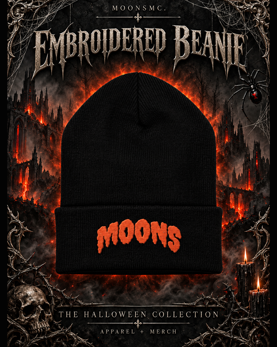 MOONSMC black cuffed beanie with orange MOONS embroidery in a gothic Halloween setting with cathedrals, candlelight and cobwebs