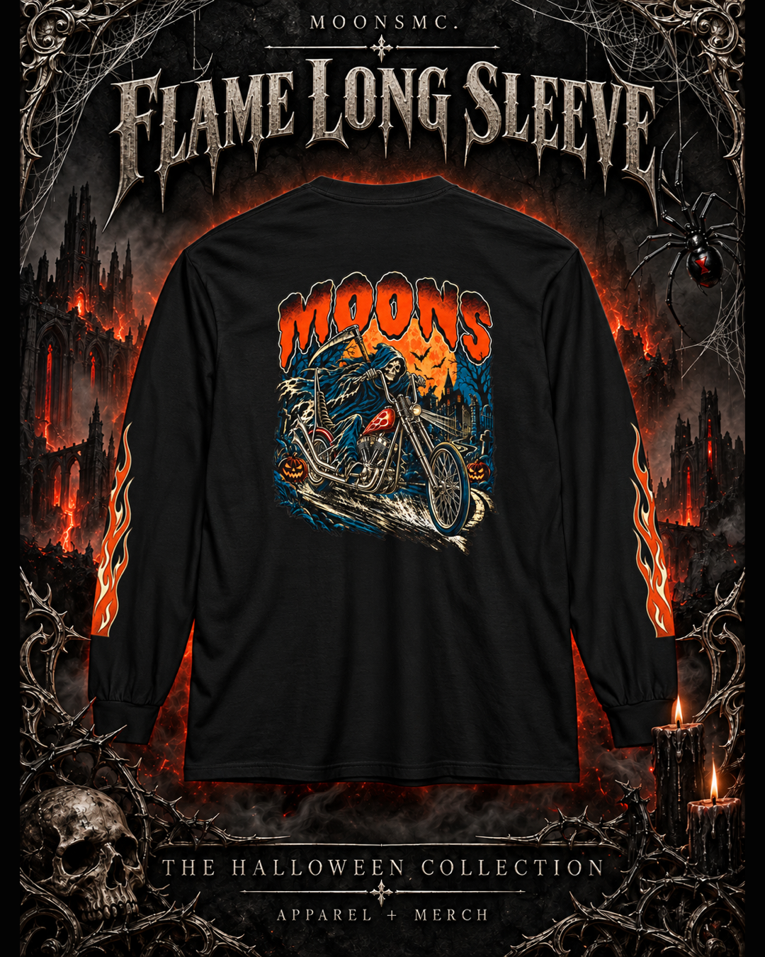 MOONSMC black Midnight Reaper long sleeve tee with orange sleeve flames in a gothic Halloween setting with cathedrals, candlelight and cobwebs