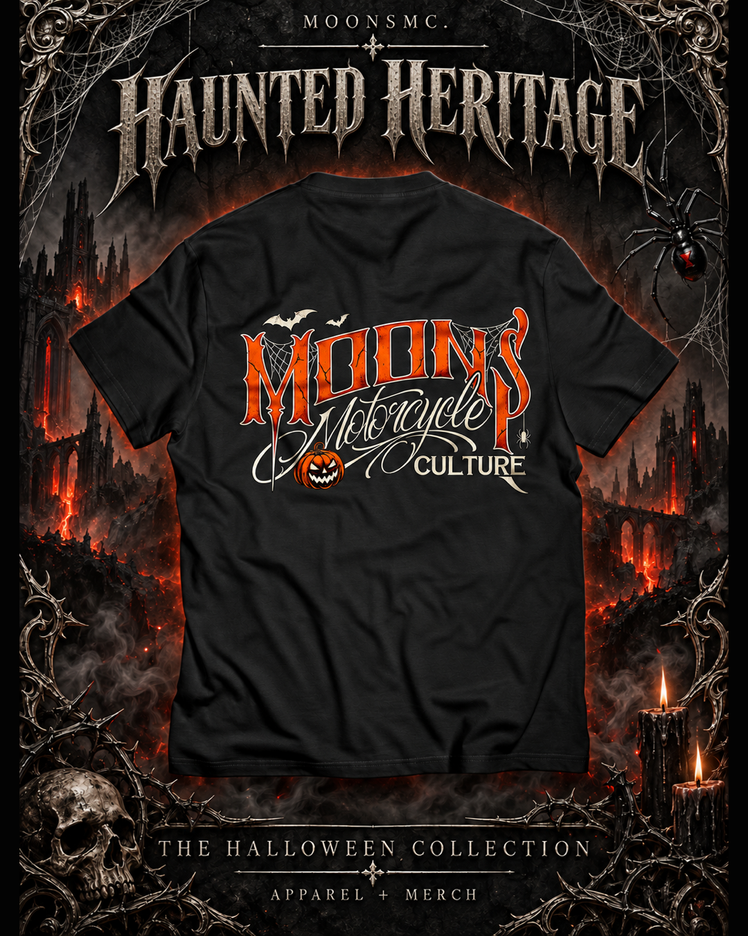 MOONSMC black Haunted Heritage tee with orange and ivory Motorcycle Culture logo in a gothic Halloween setting with cathedrals, candlelight and cobwebs