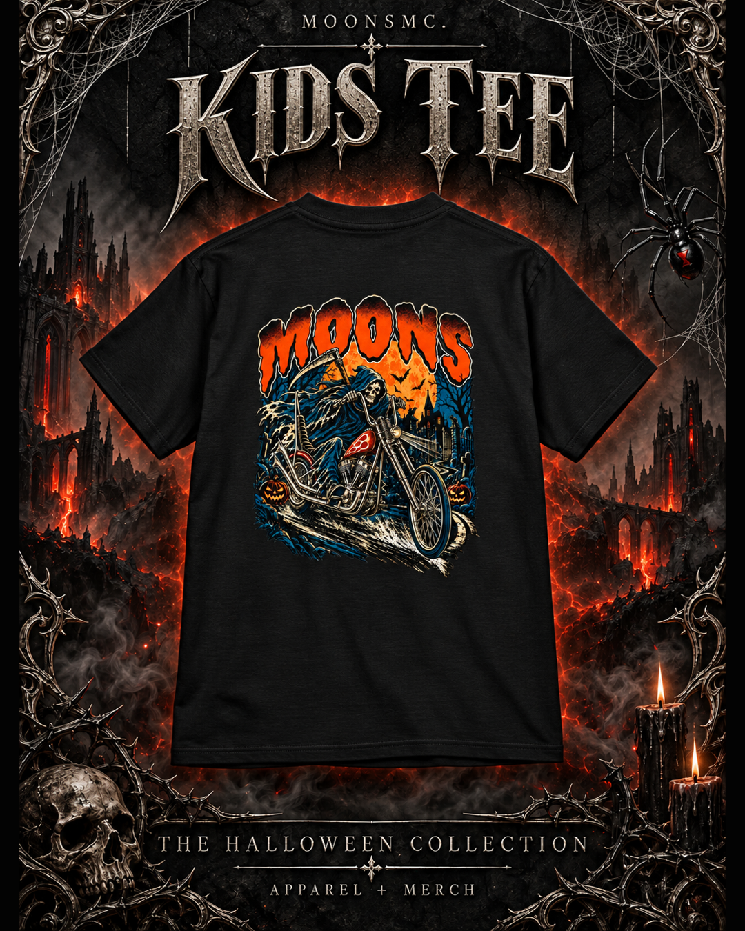 MOONSMC black Midnight Reaper kids T shirt with reaper and chopper artwork in a gothic Halloween setting with cathedrals, candlelight and cobwebs