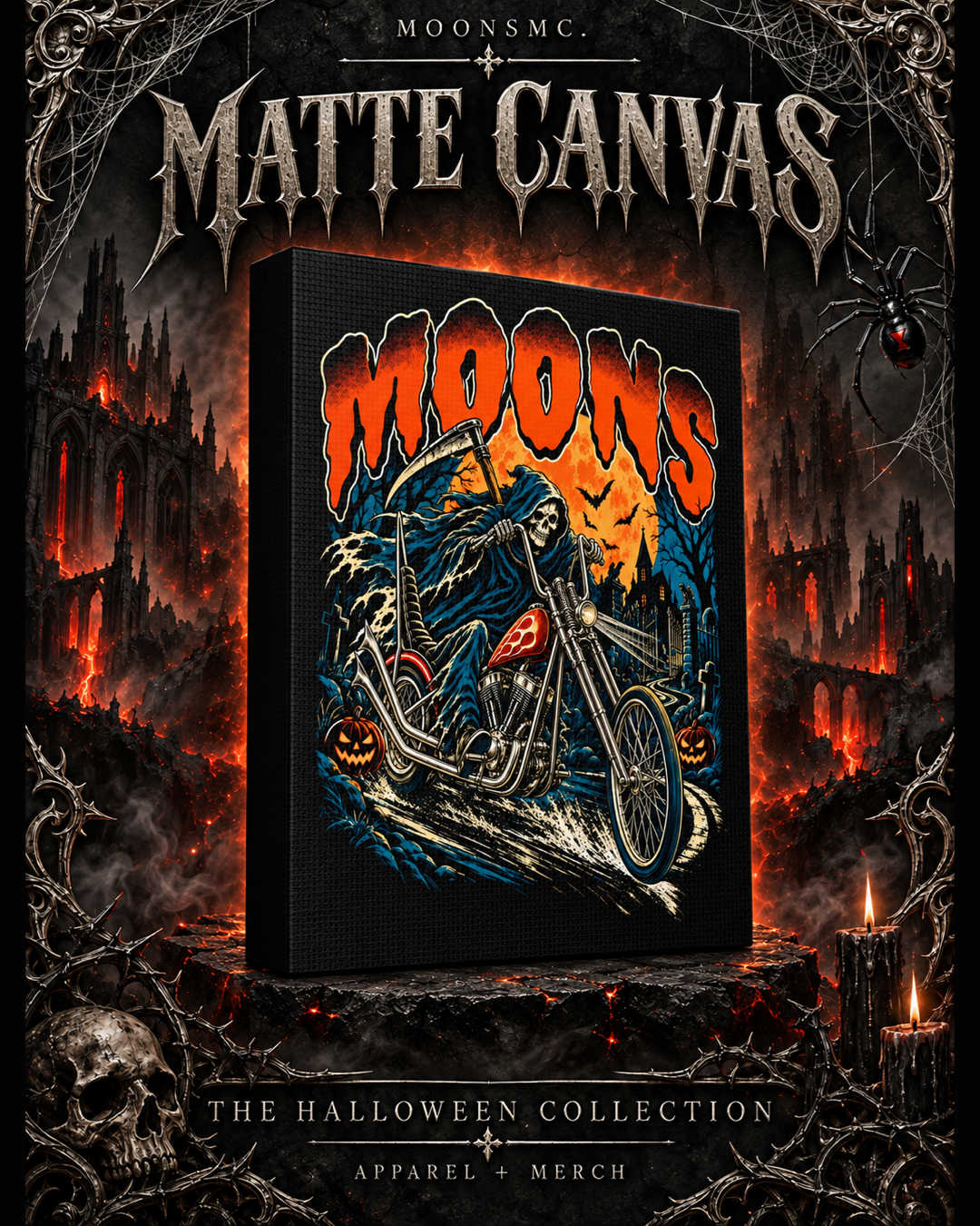 MOONSMC Midnight Reaper matte canvas wall art in a gothic Halloween setting with cathedrals, candlelight and cobwebs