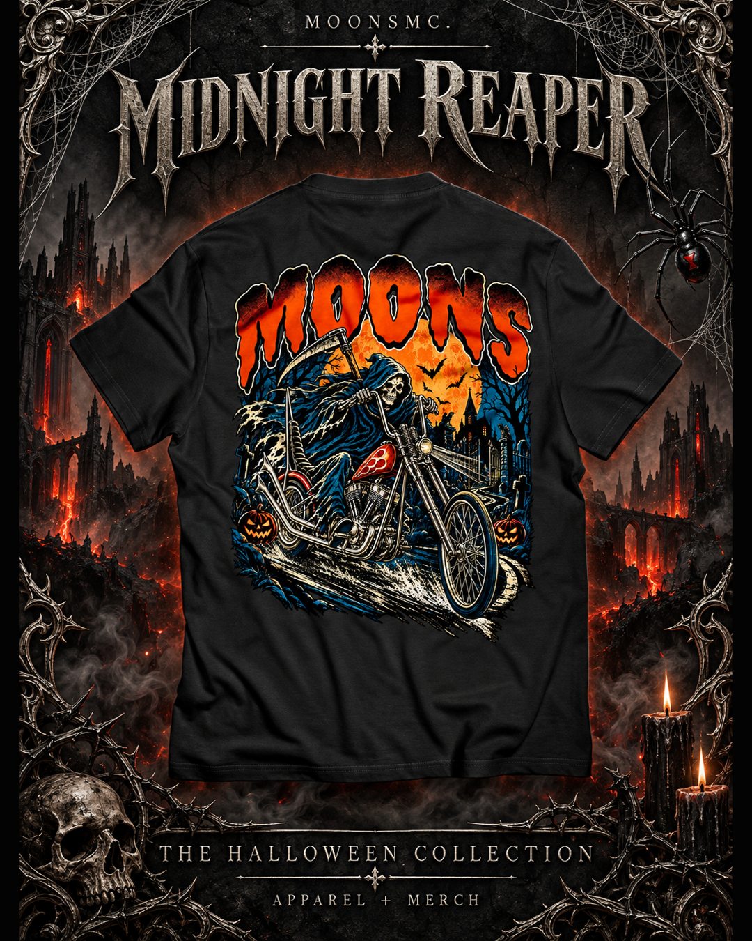 MOONSMC black Midnight Reaper T shirt with reaper and chopper back artwork in a gothic Halloween setting with cathedrals, candlelight and cobwebs